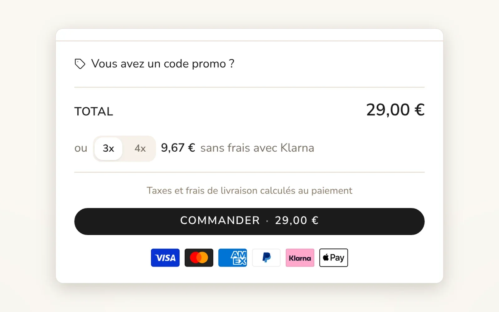 Paiement en 3 ou 4 fois affiché au panier