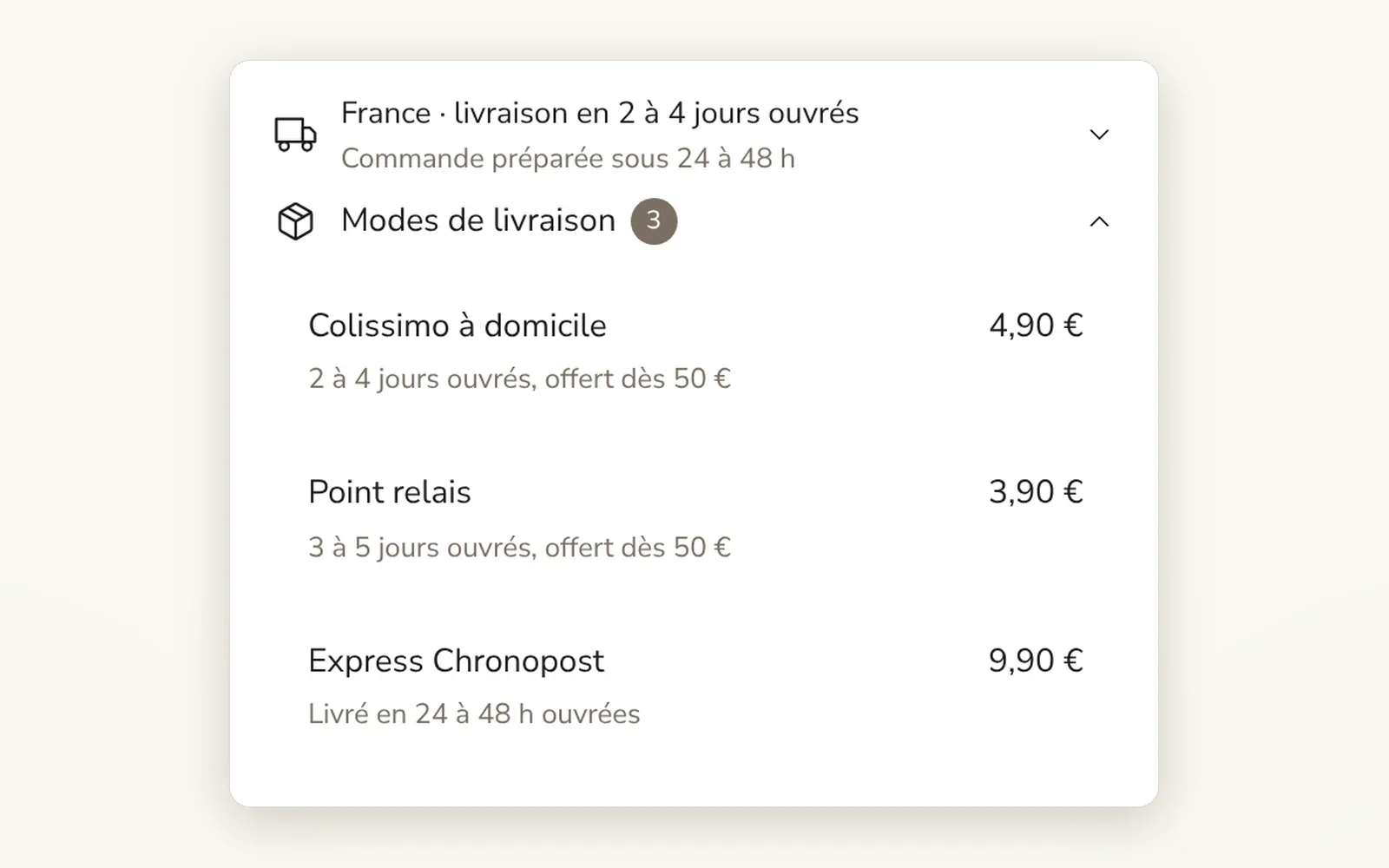 Liste des modes de livraison dans le panier