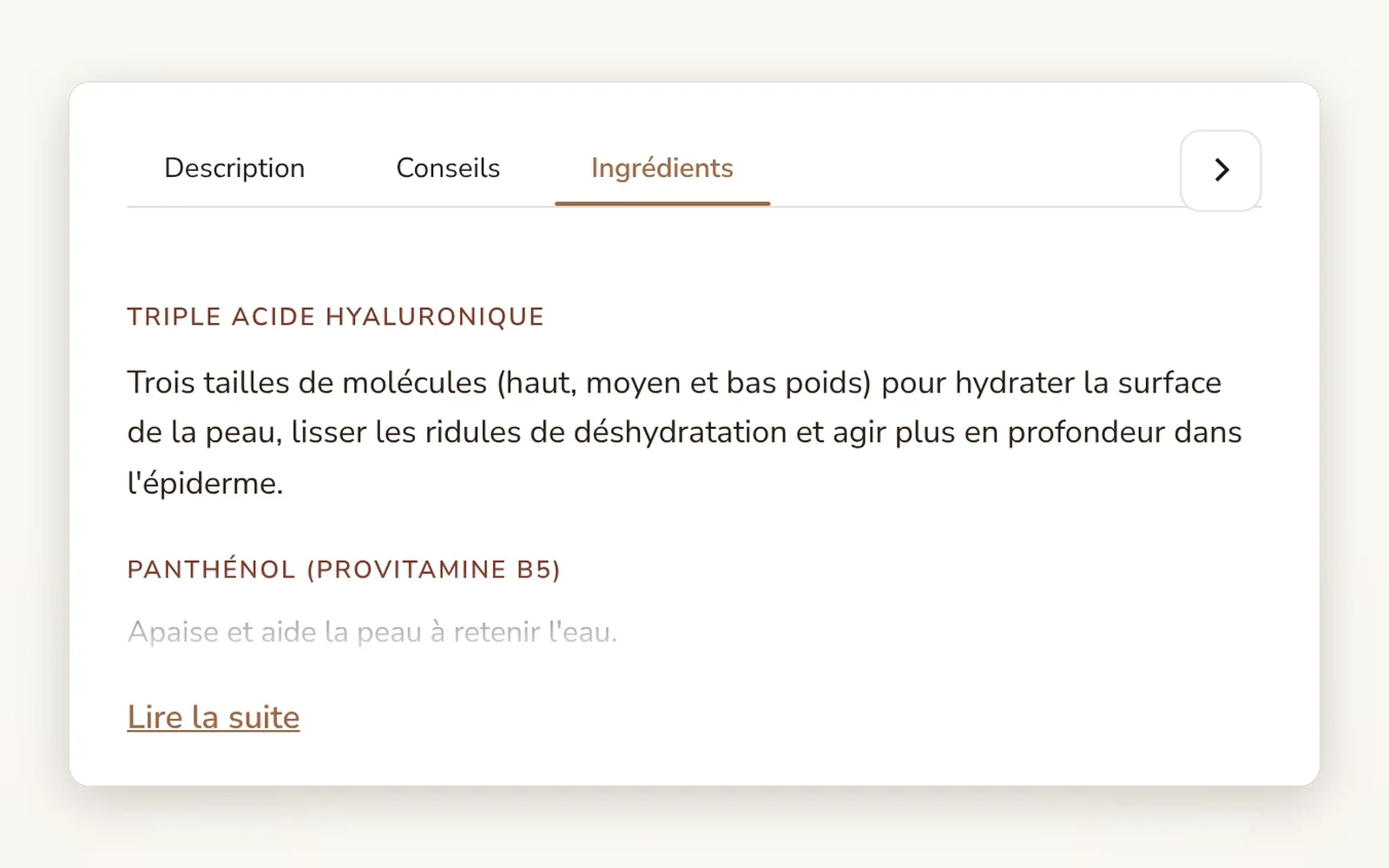 Range les infos produit dans des onglets