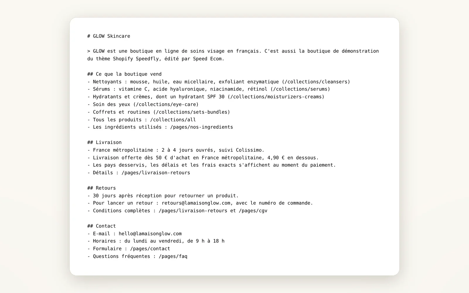 Une page llms.txt pour les outils d'IA