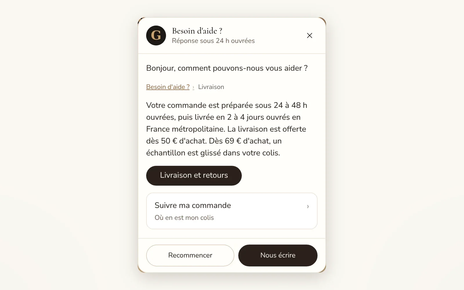 Widget d'aide avec réponses toutes prêtes
